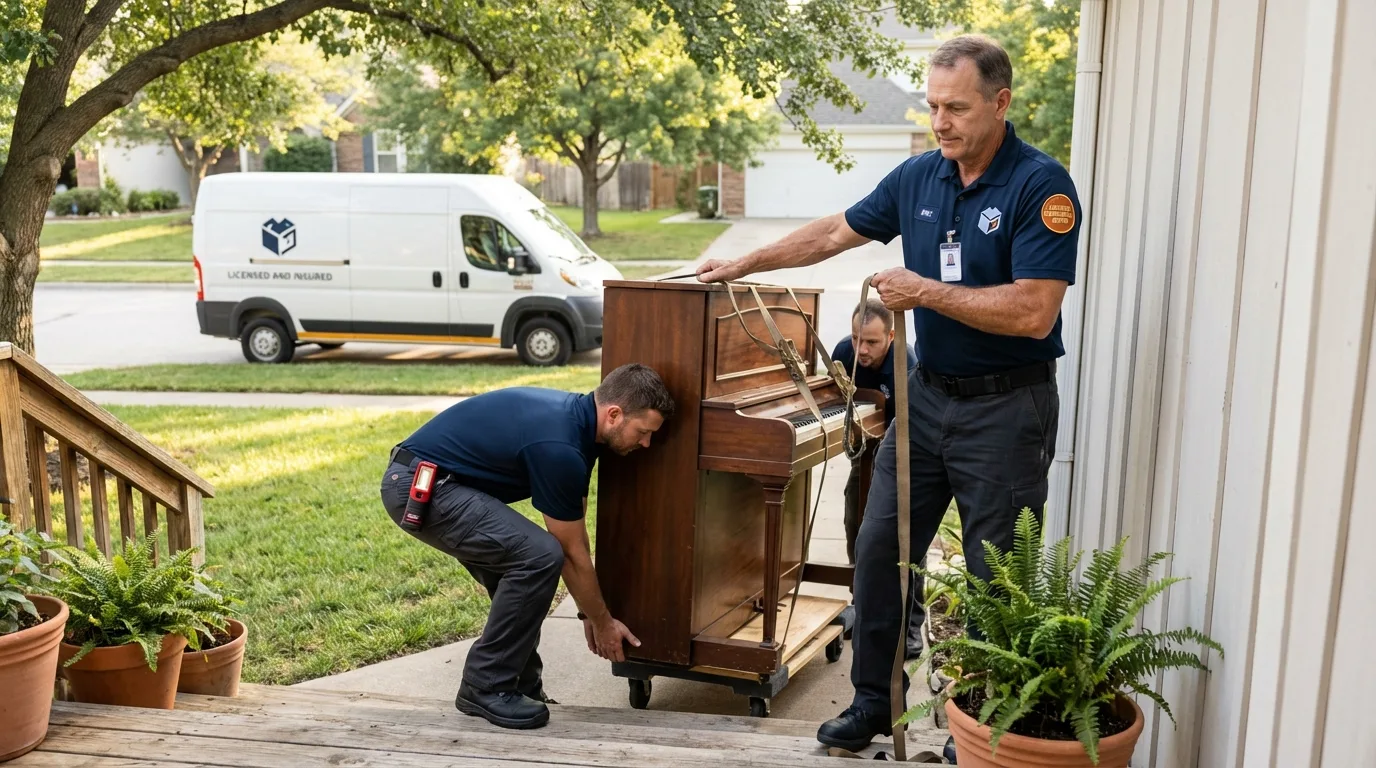 Licensed piano movers securing grand piano in Clinton, NJ